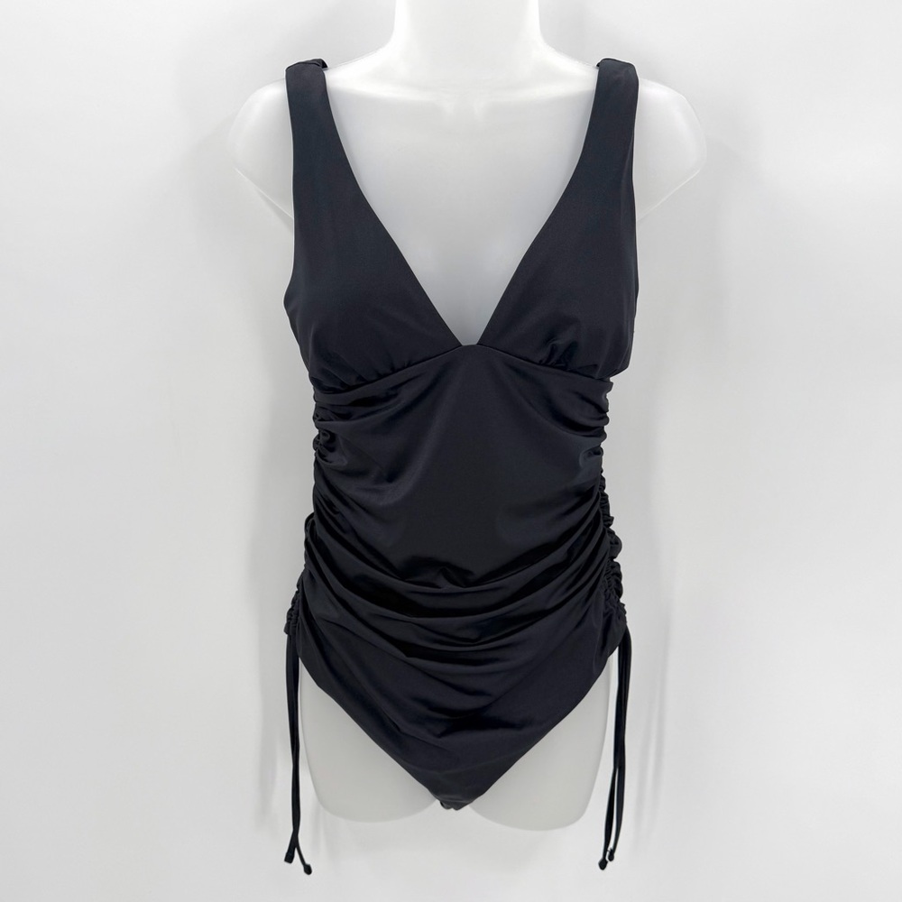 Victoria's Secret Swimsuit Womens L Black Ruched Sides Plunge Vneck 1 Pc Beach